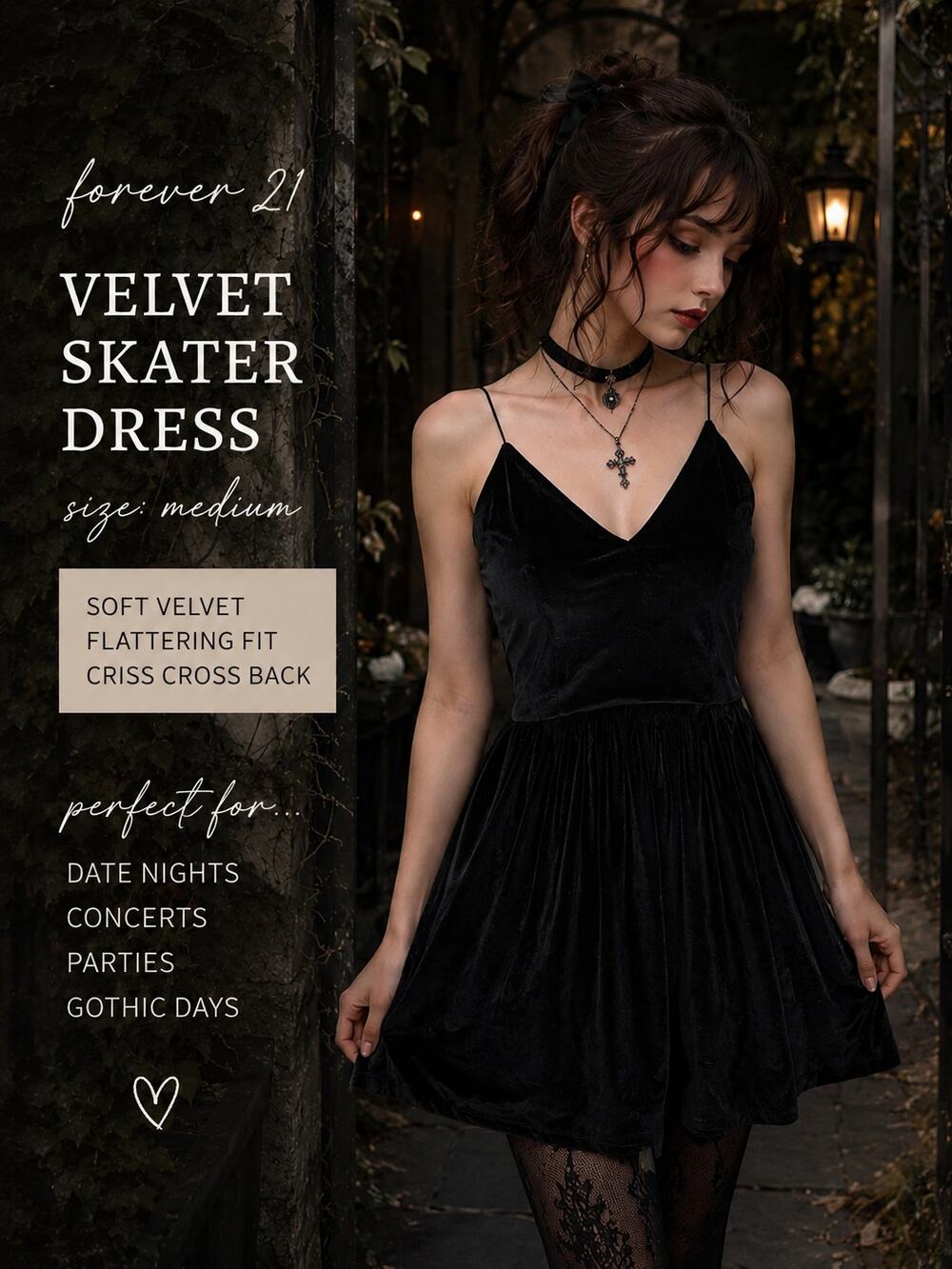 FOREVER 21 Black Velvet Skater Dress Medium Crisscross Back Emo Whimsigoth